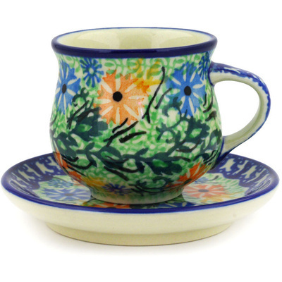 Polish Pottery Espresso Cup with Saucer 3 oz Wildflowers In The Wind UNIKAT