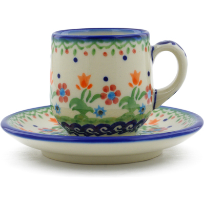 Polish Pottery espresso cup with saucer Spring Flowers