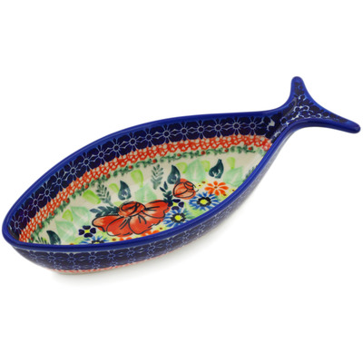 Polish Pottery Fish Shaped Platter 11&quot; Bold Poppies UNIKAT