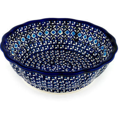 Polish Pottery Fluted Bowl 10&quot; Blue Diamond Dream