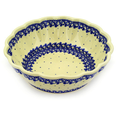 Polish Pottery Fluted Bowl 10&quot; Blue Lace Vines