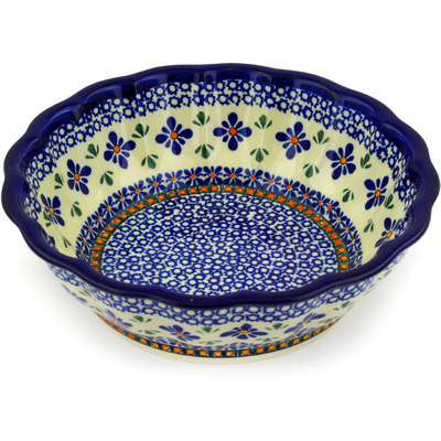 Polish Pottery Fluted Bowl 10&quot; Gangham Flower Chain