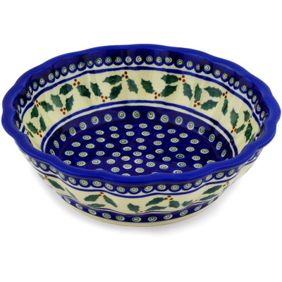 Polish Pottery Fluted Bowl 10&quot; Holly Peacock