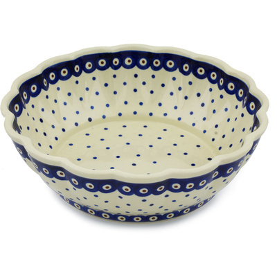 Polish Pottery Fluted Bowl 10&quot; Peacock Dots