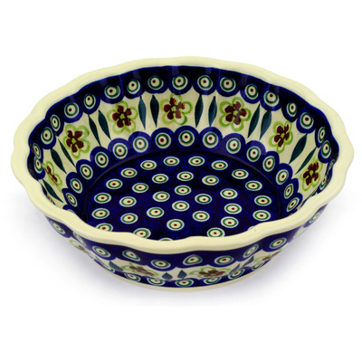 Polish Pottery Fluted Bowl 10&quot; Peacock Garden