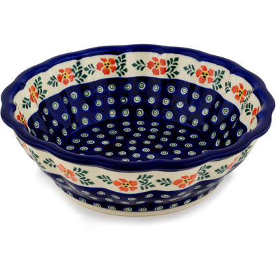 Polish Pottery Fluted Bowl 10&quot; Poinsetia Peacock