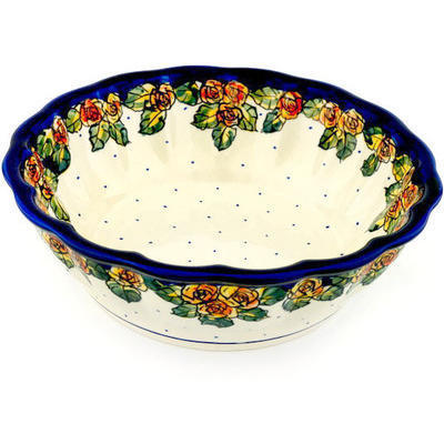 Polish Pottery Fluted Bowl 10&quot; Red Cabbage Roses