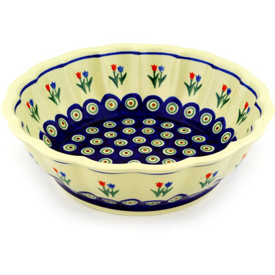 Polish Pottery Fluted Bowl 10&quot; Tulip Pair Peacock