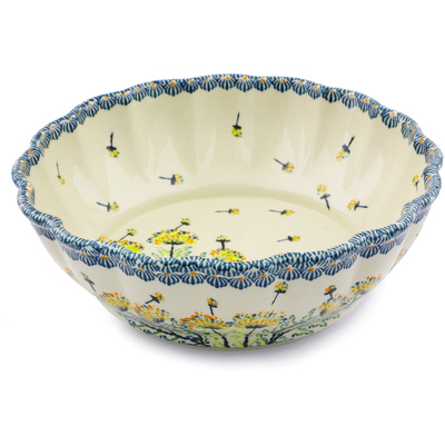 Polish Pottery Fluted Bowl 10&quot; Yellow Dandelions