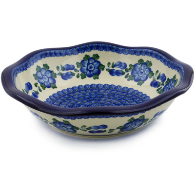 Polish Pottery Fluted Bowl 11&quot; Blue Poppies