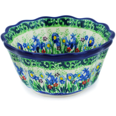 Polish Pottery Fluted Bowl 4&quot; Lakeside Blooms UNIKAT