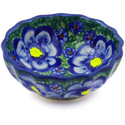 Polish Pottery Fluted Bowl 5&quot; Blue Daisies UNIKAT