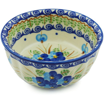 Polish Pottery Fluted Bowl 5&quot; Blue Pansy