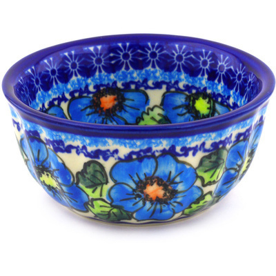 Polish Pottery Fluted Bowl 5&quot; Bold Blue Poppies UNIKAT
