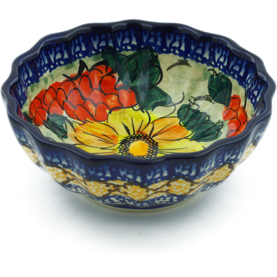 Polish Pottery Fluted Bowl 5&quot; Colorful Bouquet UNIKAT