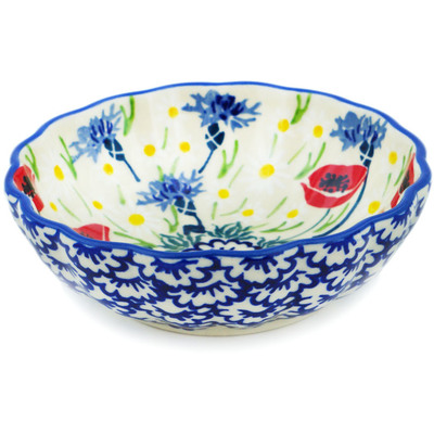 Polish Pottery Fluted Bowl 5&quot; Poppies And Cornflowers UNIKAT