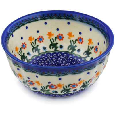 Polish Pottery Fluted Bowl 5&quot; Spring Flowers UNIKAT