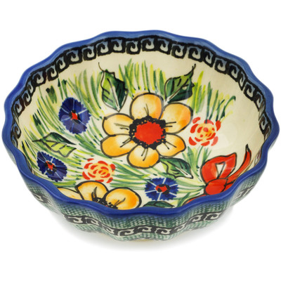 Polish Pottery Fluted Bowl 5&quot; Yellow Flower UNIKAT
