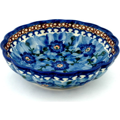 Polish Pottery Fluted Bowl 6-inch Blue Pansy Vines UNIKAT