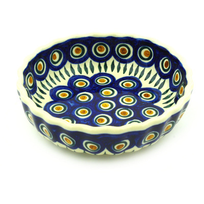Polish Pottery Fluted Bowl 6&quot; Blue Peacock