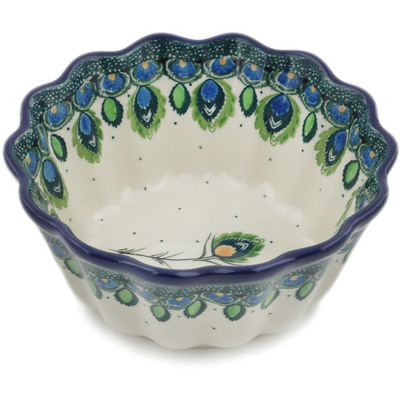 Polish Pottery Fluted Bowl 6&quot; Peacock Feather