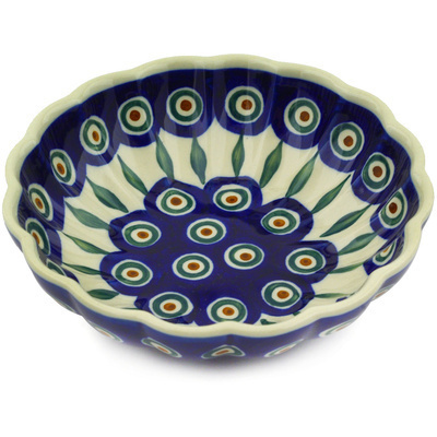 Polish Pottery Fluted Bowl 6-inch Peacock Leaves
