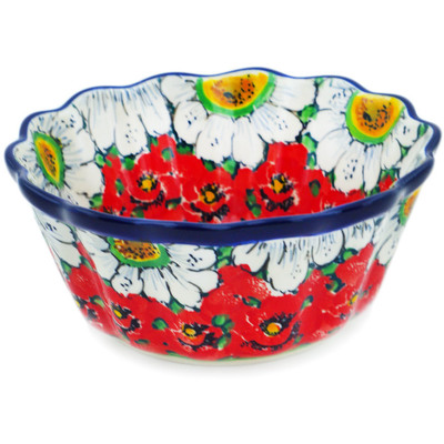Polish Pottery Fluted Bowl 6&quot; Sweet Red Petals UNIKAT