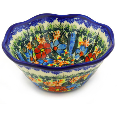 Polish Pottery Fluted Bowl 7&quot; Bold Poppies UNIKAT