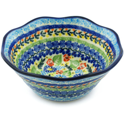Polish Pottery Fluted Bowl 7&quot; Flor-de-lis UNIKAT