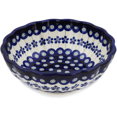 Polish Pottery Fluted Bowl 7&quot; Flowering Peacock
