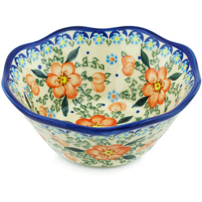 Polish Pottery Fluted Bowl 7&quot; Peach Tudor Rose