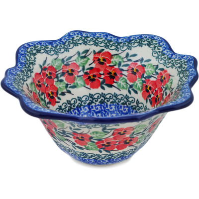 Polish Pottery Fluted Bowl 7&quot; Red Pansy