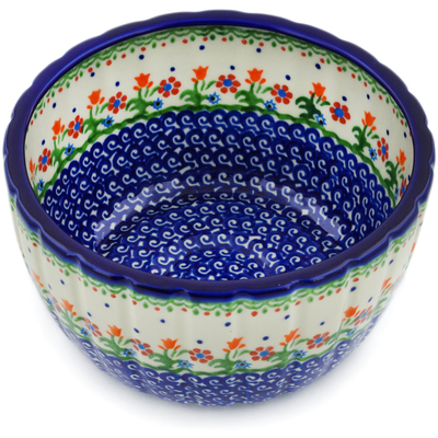 Polish Pottery Fluted Bowl 7&quot; Spring Flowers
