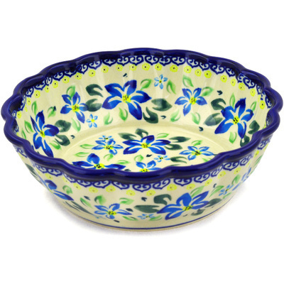 Polish Pottery Fluted Bowl 8&quot; Blue Clematis