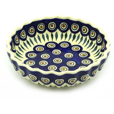 Polish Pottery Fluted Bowl 8&quot; Blue Peacock