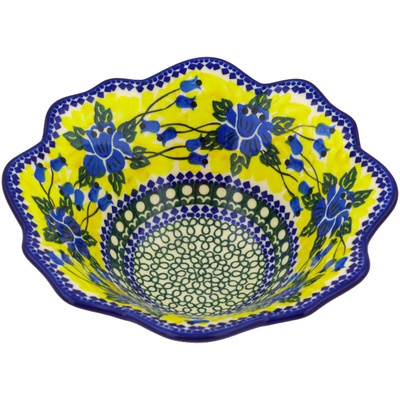Polish Pottery Fluted Bowl 8&quot; Cobalt Daffodil UNIKAT