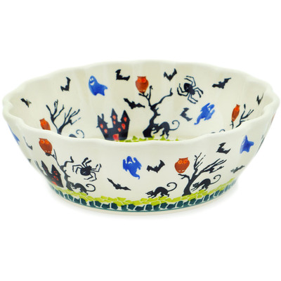 Polish Pottery Fluted Bowl 8&quot; Halloween Day