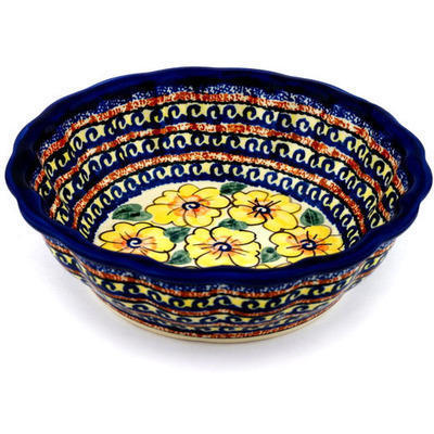 Polish Pottery Fluted Bowl 8&quot; Lemon Poppies UNIKAT