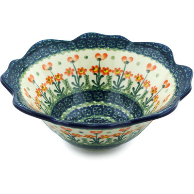 Polish Pottery Fluted Bowl 8&quot; Peach Spring Daisy