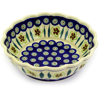 Polish Pottery Fluted Bowl 8&quot; Peacock Garden