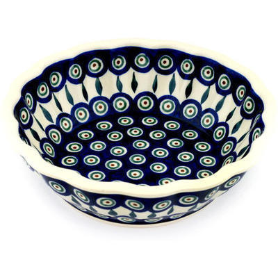 Polish Pottery Fluted Bowl 8&quot; Peacock Leaves