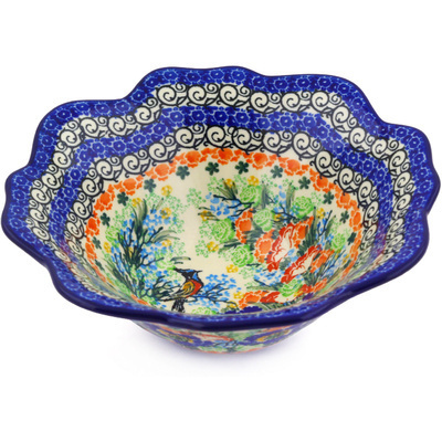 Polish Pottery Fluted Bowl 8&quot; Proud Blue Jay UNIKAT