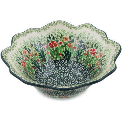 Polish Pottery Fluted Bowl 8&quot; Red Garden UNIKAT