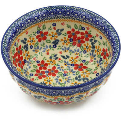 Polish Pottery Fluted Bowl 8&quot; Ruby Bouquet UNIKAT