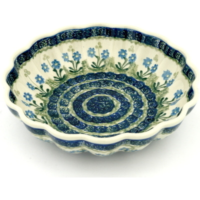 Polish Pottery Fluted Bowl 9&quot; Blue Daisy Circle