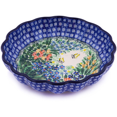 Polish Pottery Fluted Bowl 9&quot; Forget Me Not Garden UNIKAT