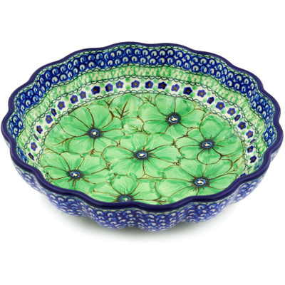 Polish Pottery Fluted Bowl 9&quot; Green Pansies UNIKAT