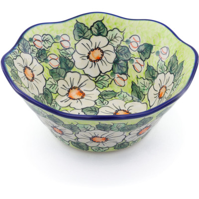 Polish Pottery Fluted Bowl 9&quot; White Flower Bouquet