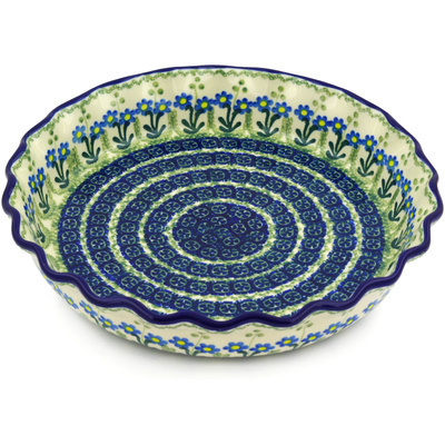Polish Pottery Fluted Pie Dish 10&quot; Blue Daisy Circle