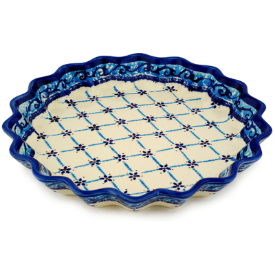 Polish Pottery Fluted Pie Dish 10&quot; Blue Daisy Lattice